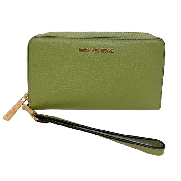 S Michael Kors Jet Set Travel Phone Case Wallet Wristlet Army Green Leather - Picture 1 of 7